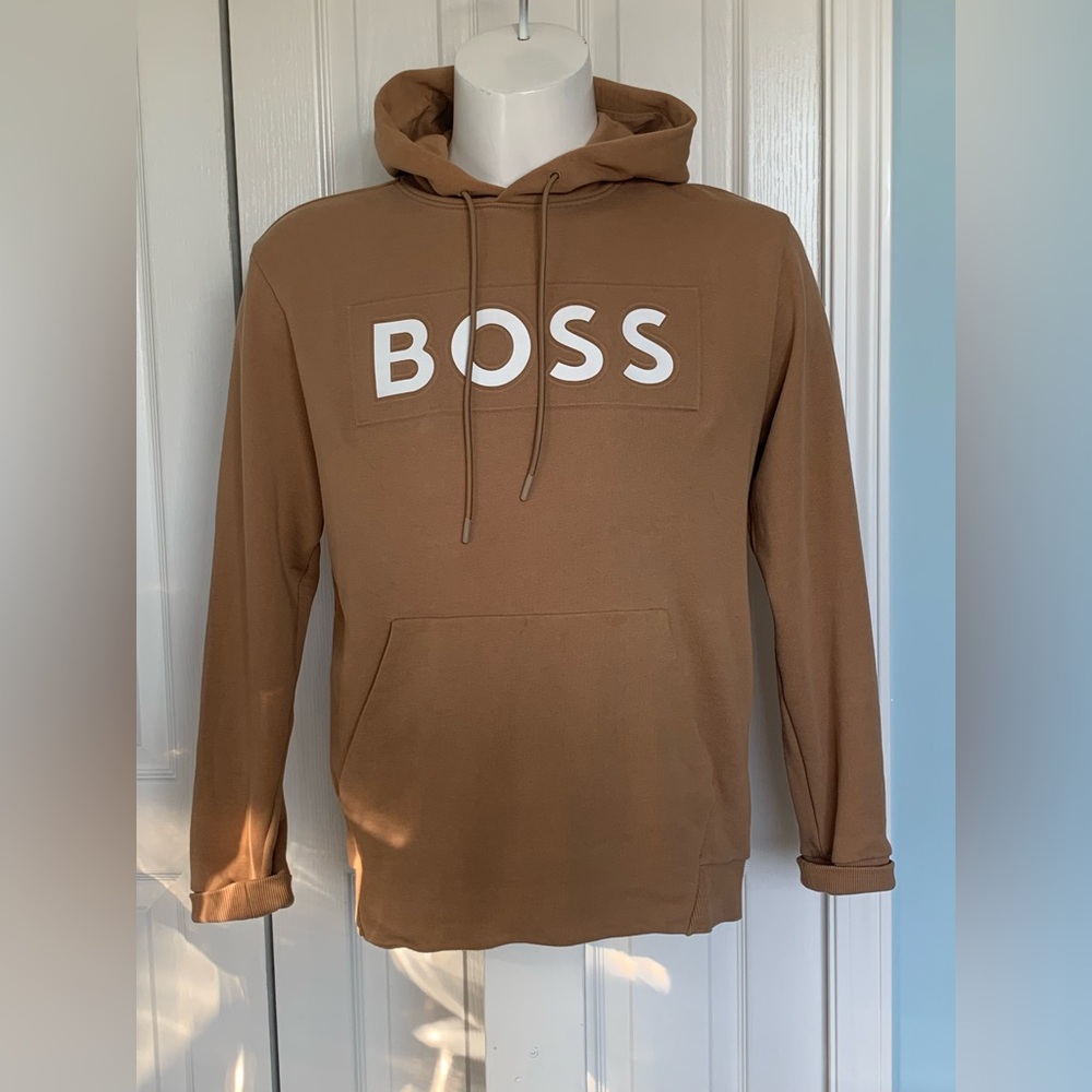 Boss Men's Tan Pullover Hoodie with White Logo